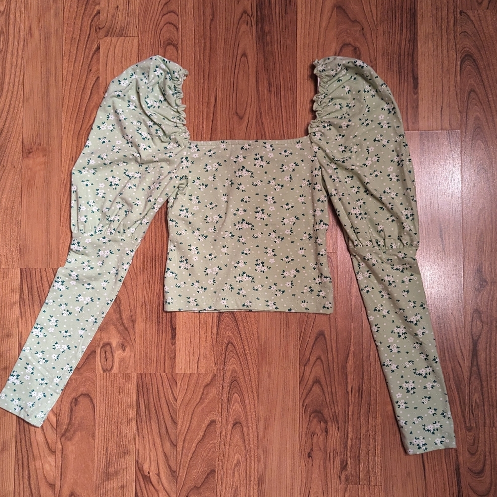 ASOS Square Neck Puff Sleeve Top in Green and White, Size 0 - Picture 4 of 7